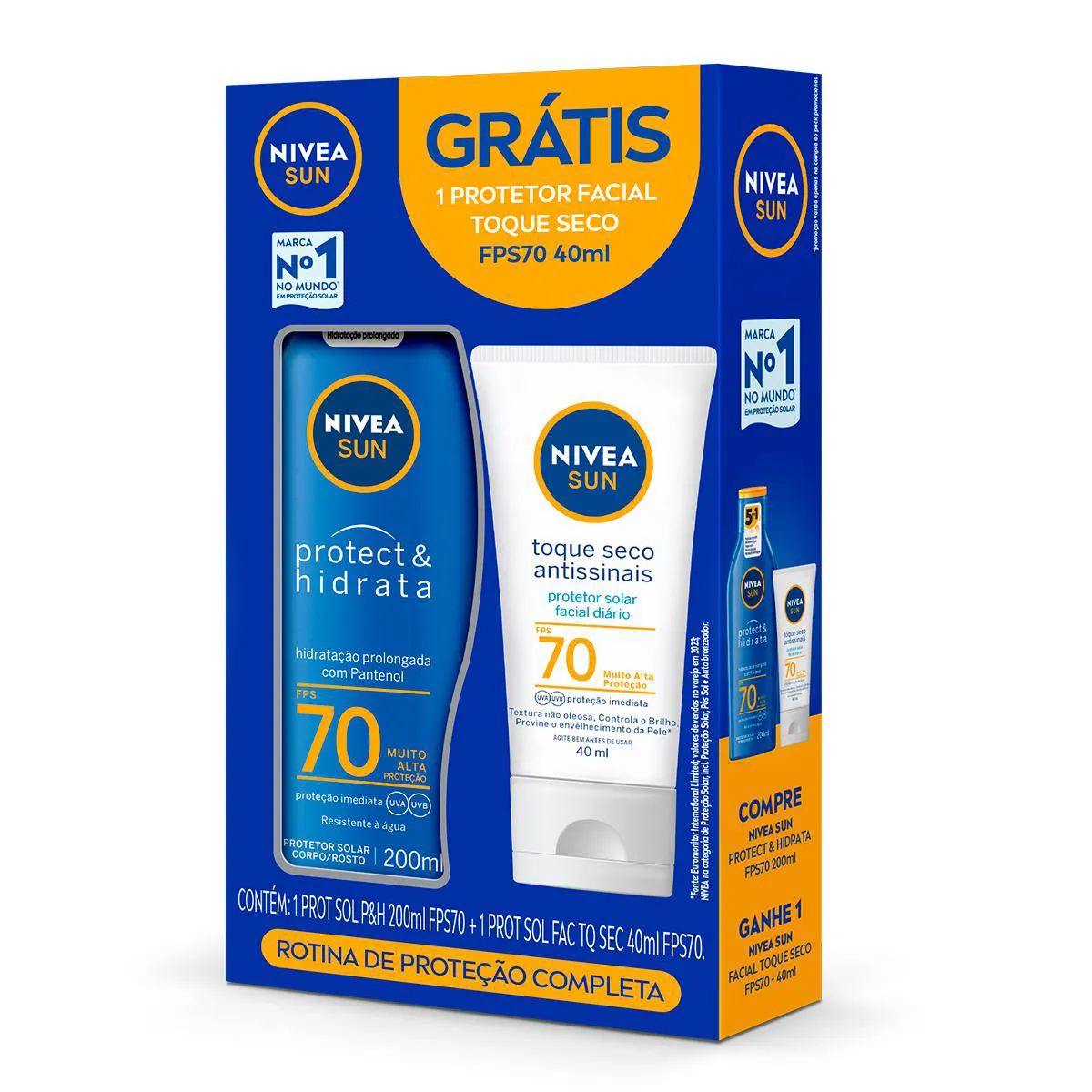 Kit Nivea Sun Rotina de Proteção Completa Protetor Solar Protect & Hidrata FPS 70 200ml + Facial Toque Seco Antissinais FPS 70 40ml