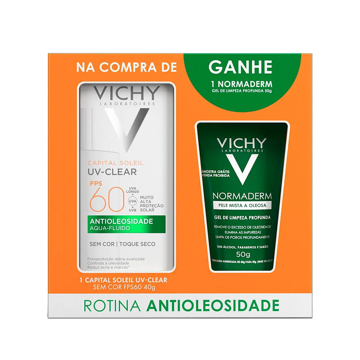 Kit Vichy Protetor Solar Facial Capital Soleil UV-Clear Antioleosidade FPS 60 Sem Cor 40g + Gel de Limpeza Facial Normaderm 50g