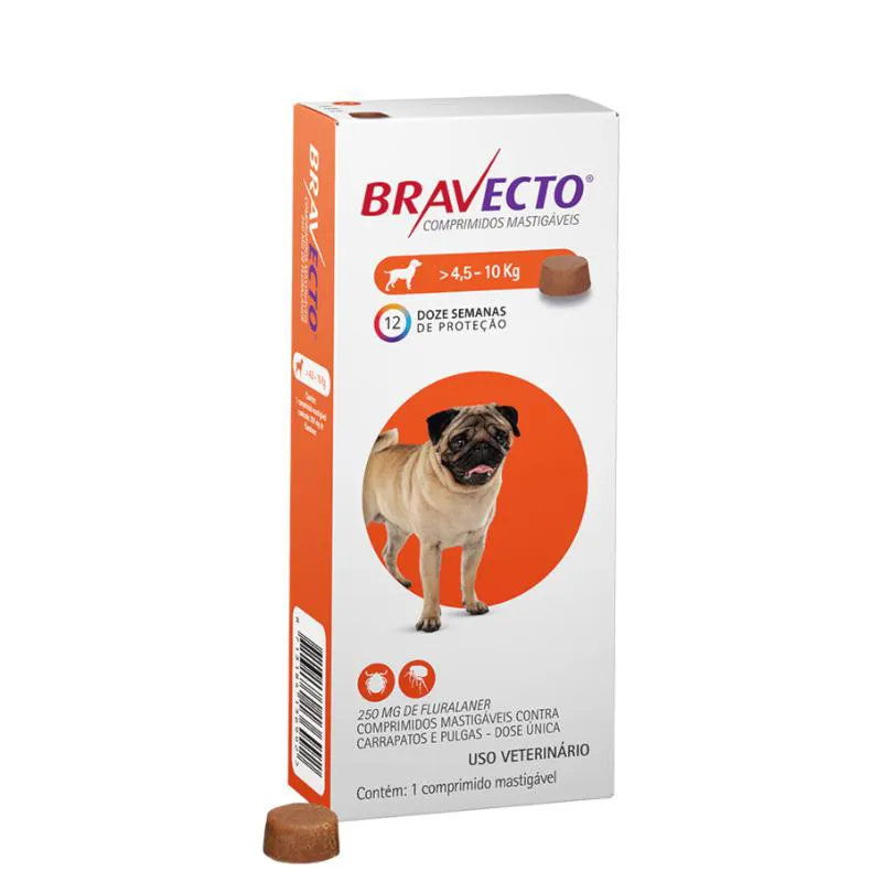 ANTIPULGAS E CARRAPATOS BRAVECTO 250MG PARA CACHORROS DE 4,5KG ATé 10KG COM 1 COMPRIMIDO