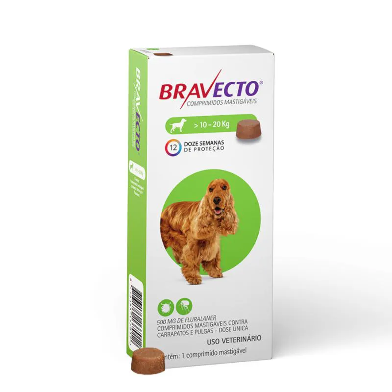 ANTIPULGAS E CARRAPATOS BRAVECTO 500MG PARA CACHORROS DE 10KG ATé 20KG COM 1 COMPRIMIDO