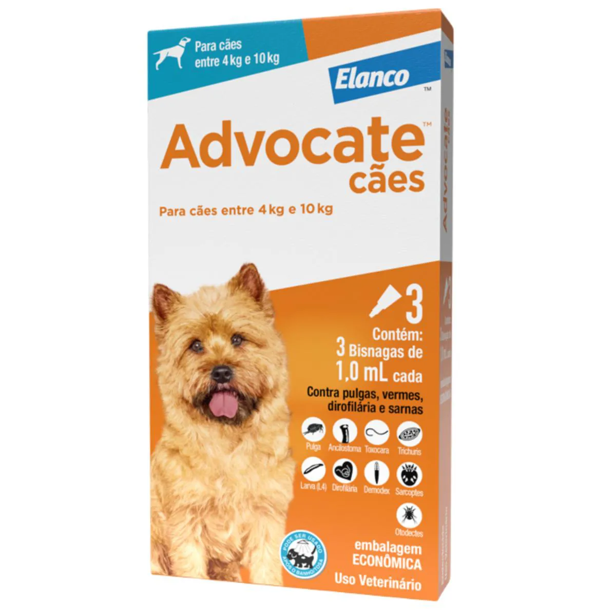 ANTIPULGAS ADVOCATE 1,0ML PARA CACHORROS DE 4KG ATé 10KG COM 3 PIPETAS
