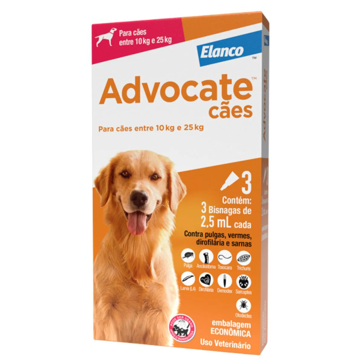 ANTIPULGAS ADVOCATE 2,5ML PARA CãES DE 10KG ATé 25KG COM 3 PIPETAS