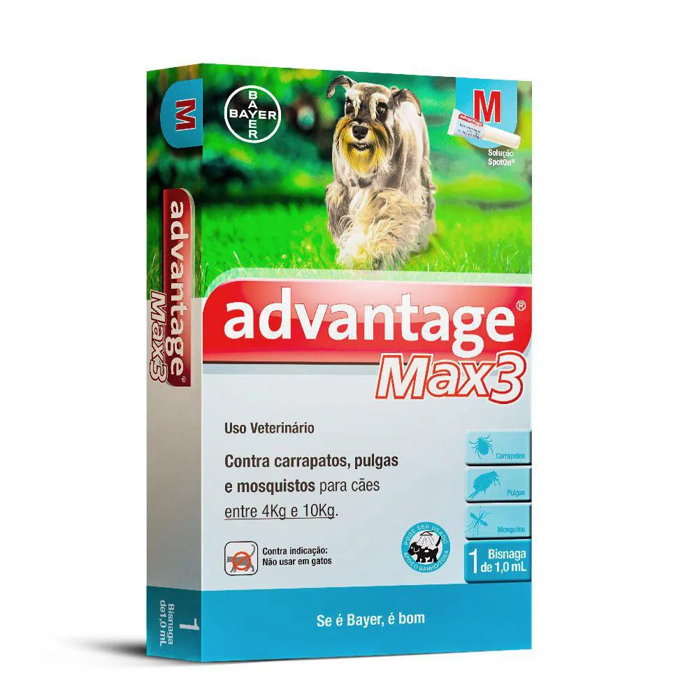 ANTIPULGAS E CARRAPATOS ADVANTAGE MAX3 1,0ML PARA CACHORROS DE 4KG ATé 10KG COM 1 PIPETA