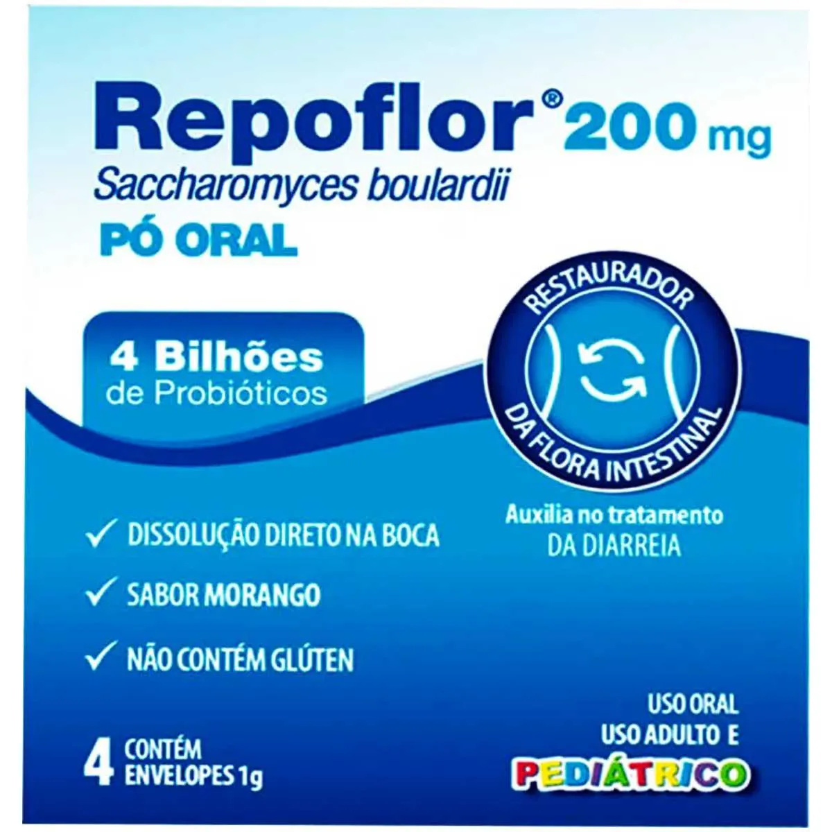 REPOFLOR PEDIáTRICO 200MG Pó ORAL SABOR MORANGO 4 ENVELOPES