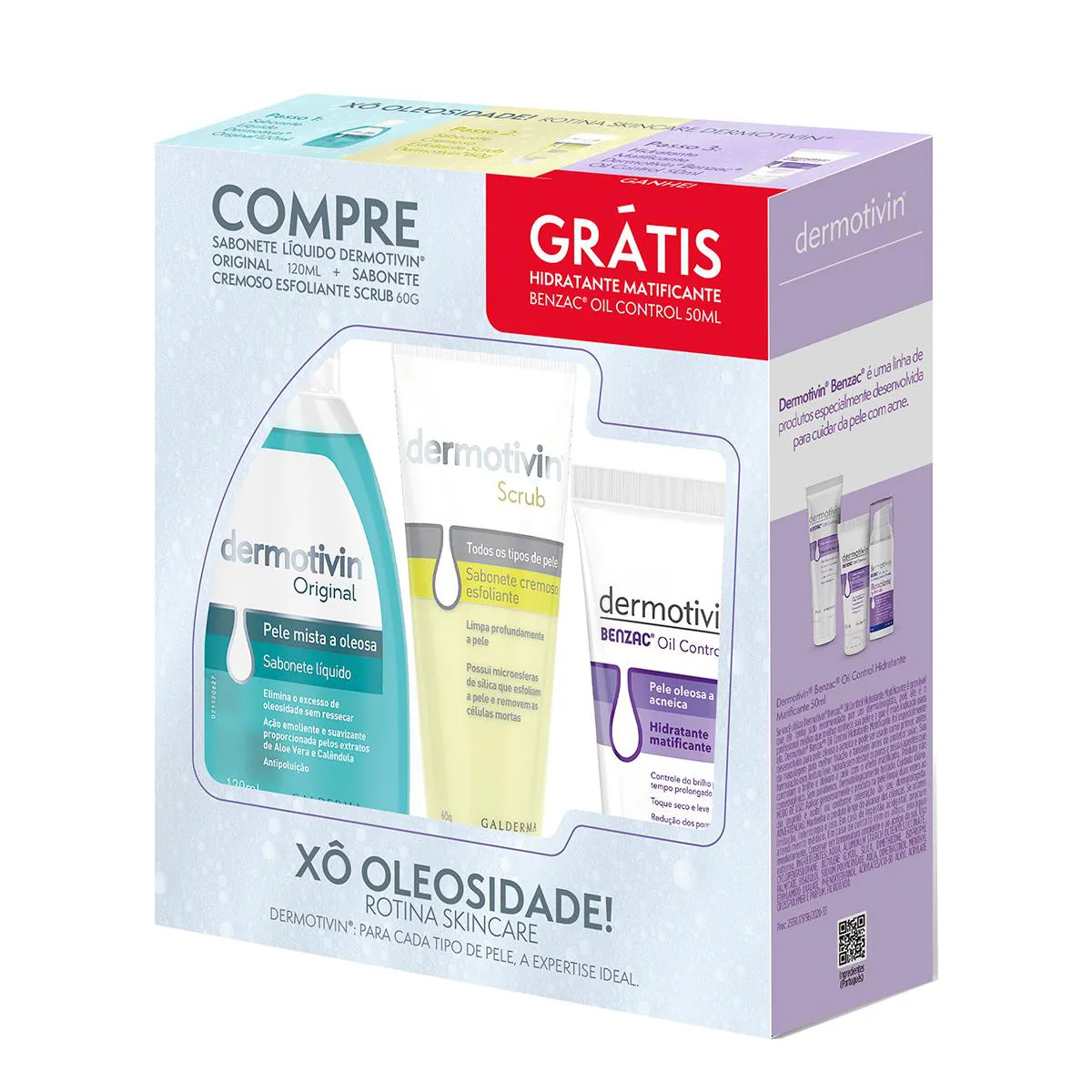 Kit Dermotivin Sabonete Líquido Facial Original 120ml + Esfoliante Scrub 60g + Hidratante Matificante Benzac 50ml