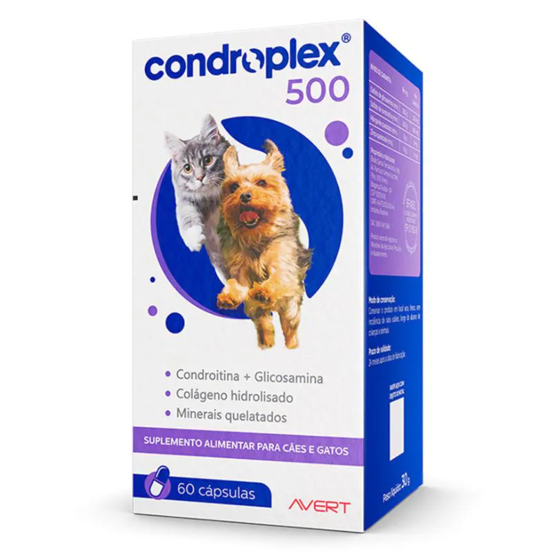 SUPLEMENTO ALIMENTAR CONDROPLEX 500 COM 60 CáPSULAS PARA CãES E GATOS