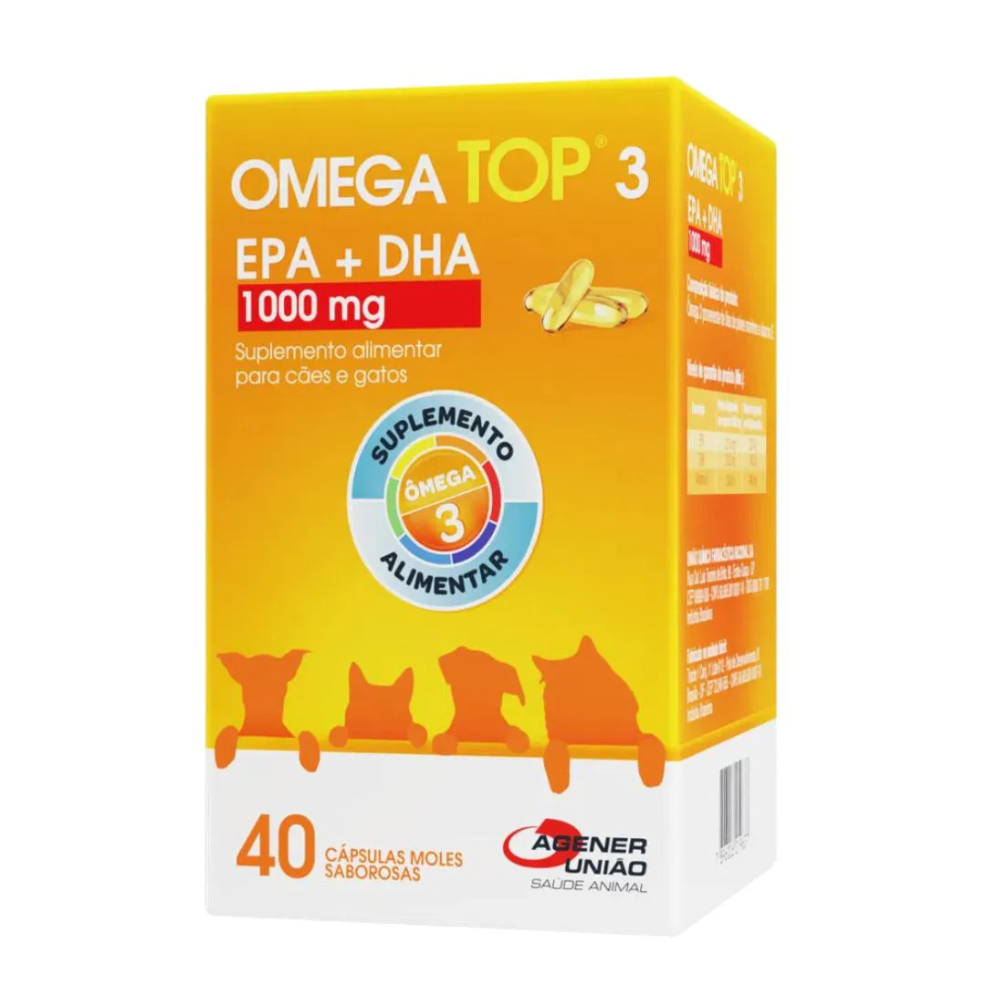 SUPLEMENTO ALIMENTAR OMEGA TOP 3 EPA + DHA 1000MG 40CP PARA CãES E GATOS
