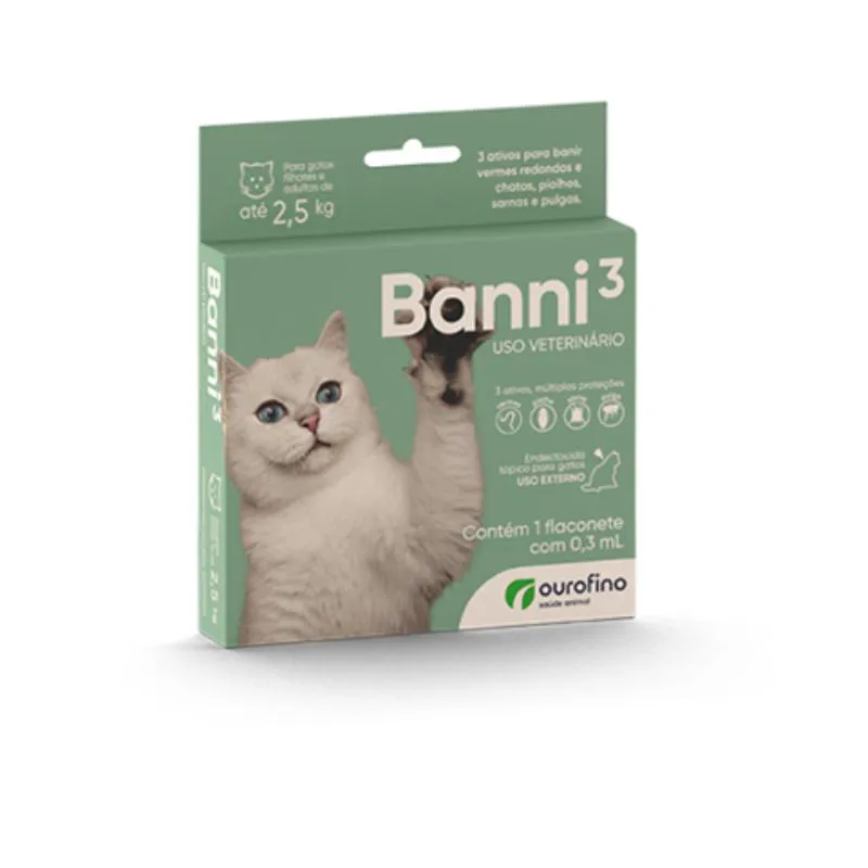 ANTIPULGAS BANNI 3 PARA GATOS ADULTOS COM ATé 2,5 KG 30ML