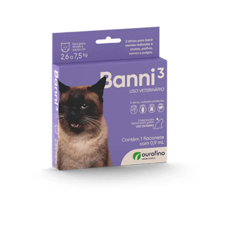 ANTIPULGAS BANNI 3 PARA GATOS ADULTOS COM ATé 7,5 KG 90ML