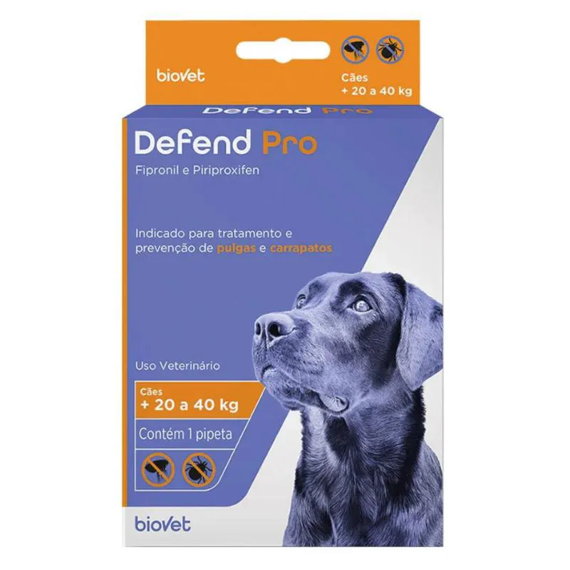 ANTIPULGAS E CARRAPATOS DEFEND PRO BIOVET PARA CãES DE 20KG A 40KG COM 1 PIPETA