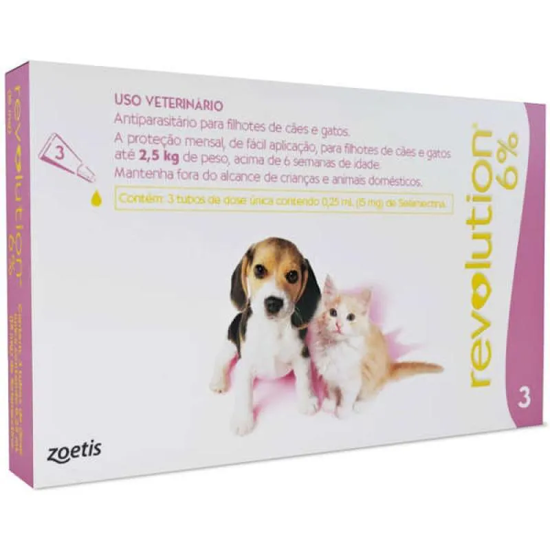 ANTIPULGAS E CARRAPATOS REVOLUTION 6% (15MG) PARA CACHORROS E GATOS ATé 2,5KG COM 3 PIPETAS