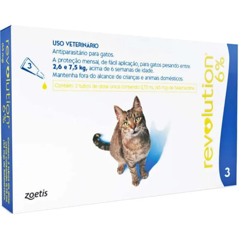 ANTIPULGAS E CARRAPATOS REVOLUTION 6% (45MG) PARA GATOS DE 2,5KG A 7,5KG COM 3 PIPETAS