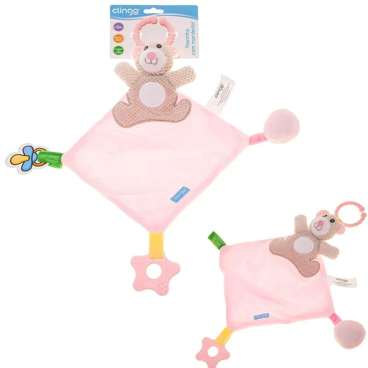 NANINHA URSO ROSA COM MORDEDOR E PREND. DE CHUPETA - CLINGO