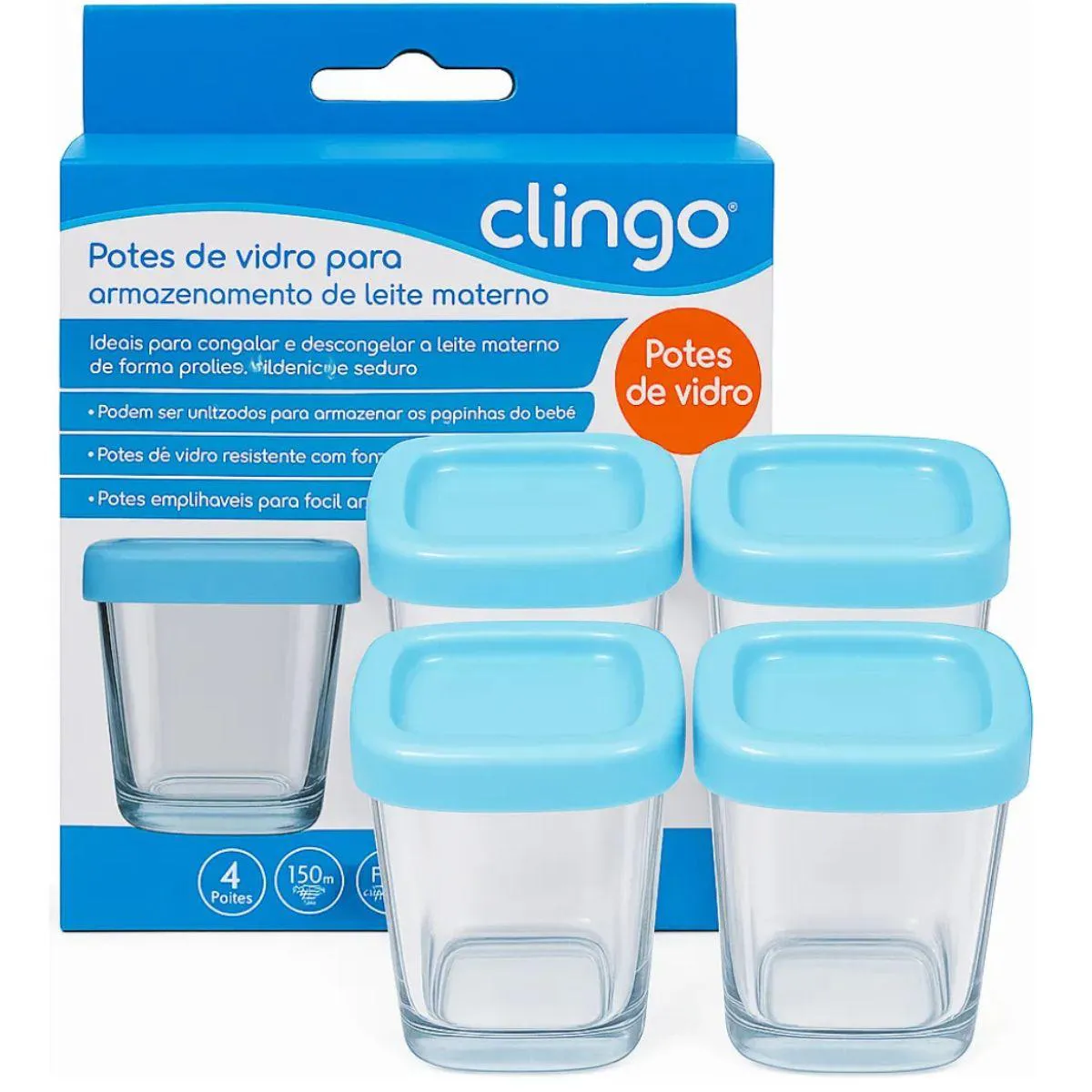 POTE VIDRO PARA LEITE MATERNO E PAPINHA AZUL - 4 UN - CLINGO