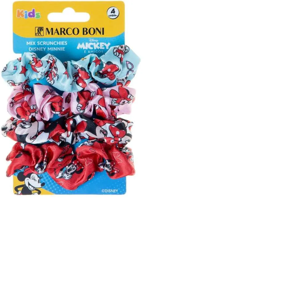 KIT COM 4 ELÁSTICOS REVESTIDOS POR SEDA DECORADA PARA CABELO DISNEY MINNIE MARCO BONI 8559