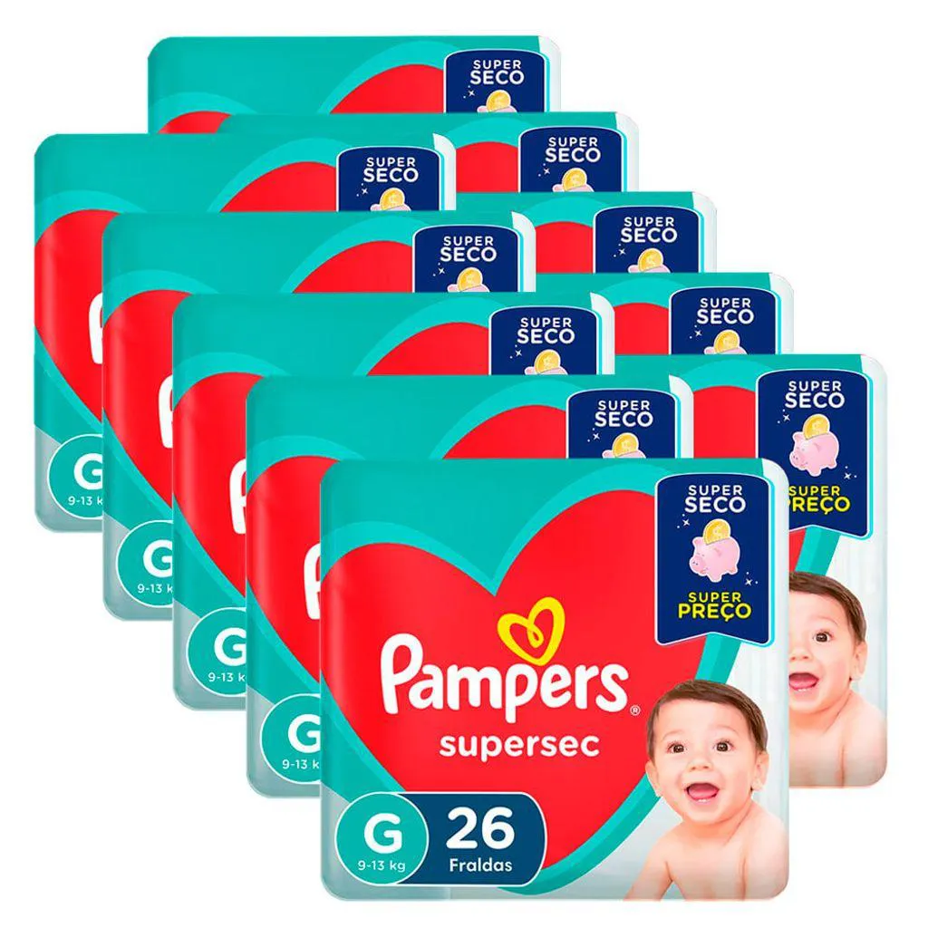 KIT 10 FRALDA DESCARTáVEL PAMPERS SUPERSEC PACOTãO G - 260 TIRAS