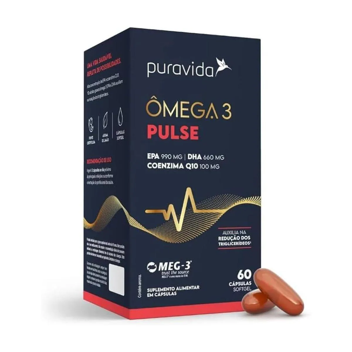 ÔMEGA 3 PULSE PURAVIDA EPA, DHA E CONZIEMA Q10 60 CáPSULAS SEM Sabor