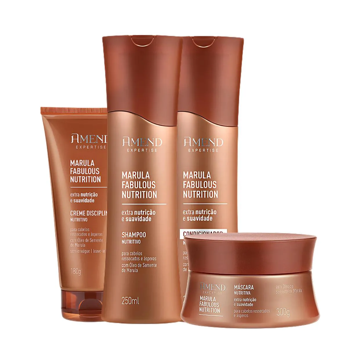 KIT SHAMPOO, CONDICIONADOR, MáSCARA E LEAVE-IN AMEND MARULA FABULOUS NUTRITION