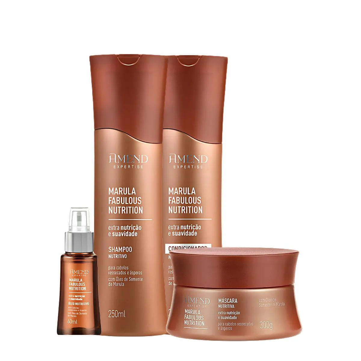 KIT SHAMPOO, CONDICIONADOR, MáSCARA E ÓLEO AMEND MARULA FABULOUS NUTRITION