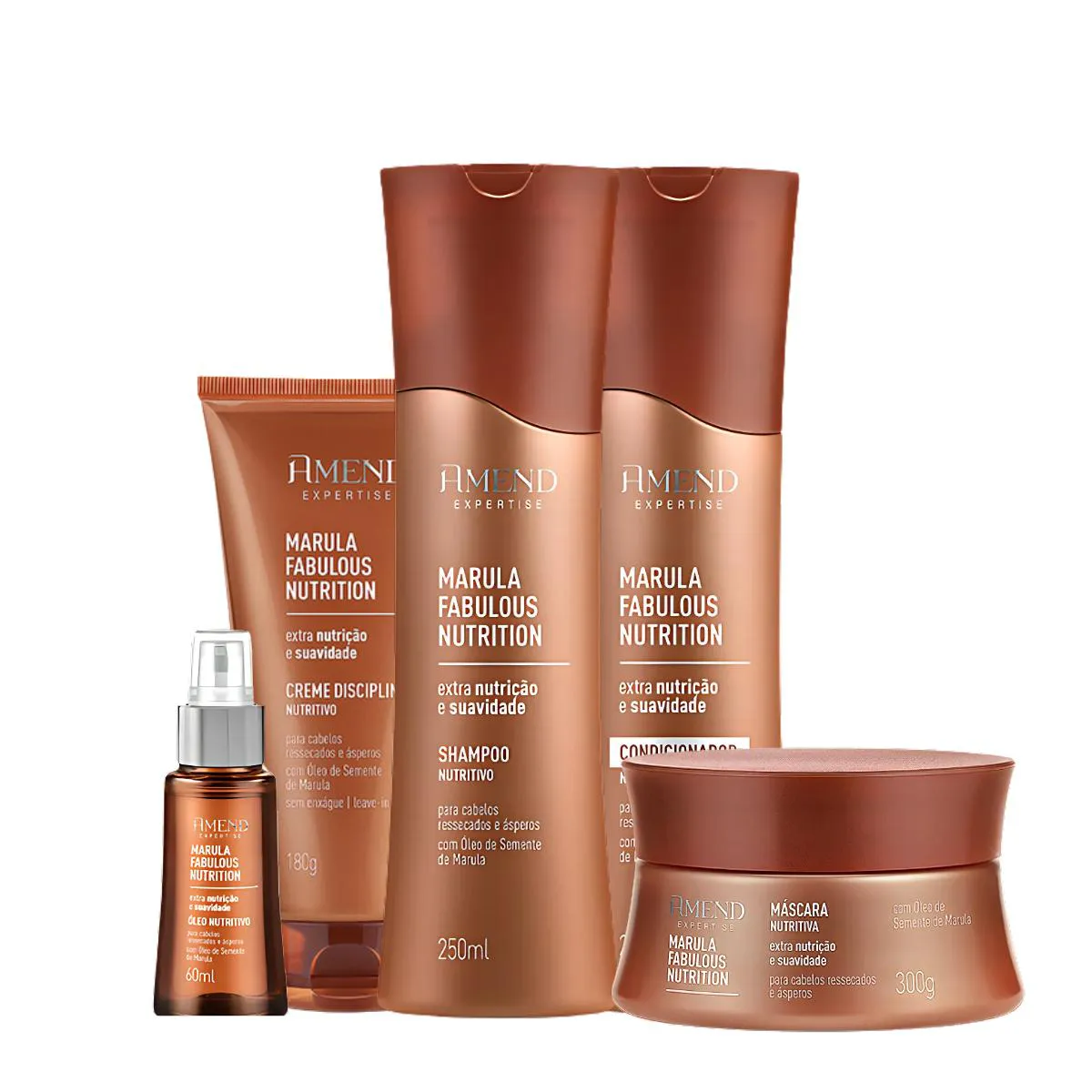 KIT SHAMPOO, CONDICIONADOR, MáSCARA, LEAVE-IN E ÓLEO AMEND MARULA FABULOUS NUTRITION