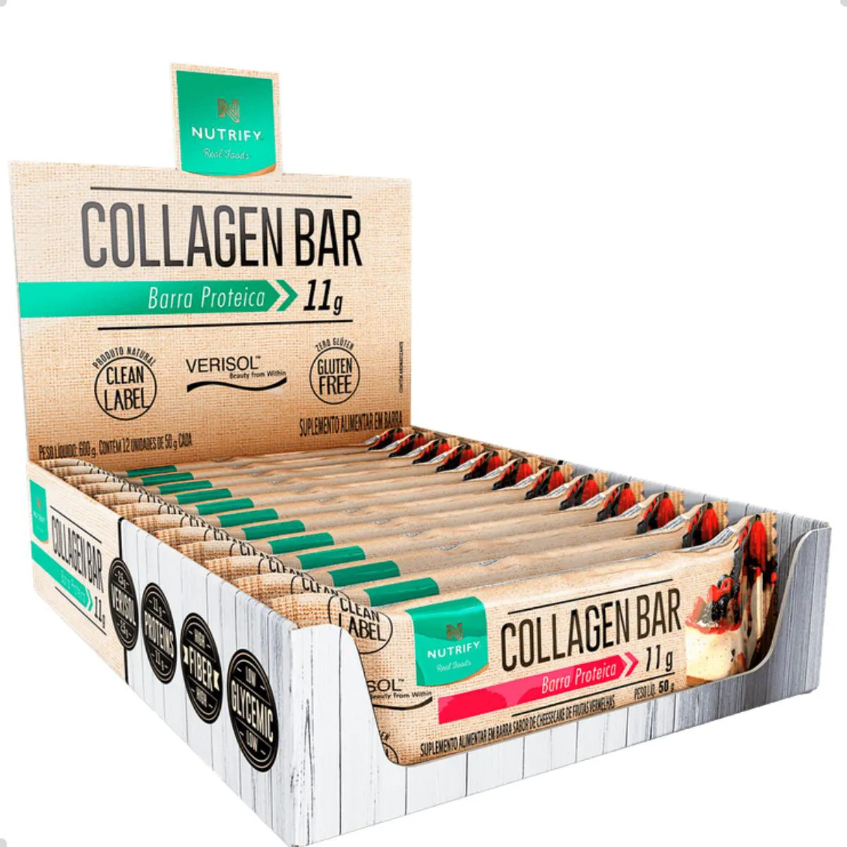 COLLAGEN BAR PROTEIN VERISOL 50G CAIXA 10 UNIDADES NUTRIFY Frutas Vermelhas