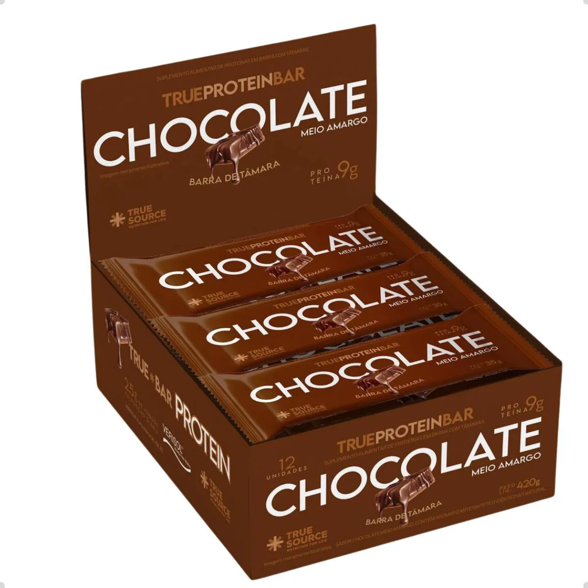 BARRA DE PROTEINA VERISOL E TAMARA 35G 12UN TRUE SOURCE Chocolate Meio Amargo