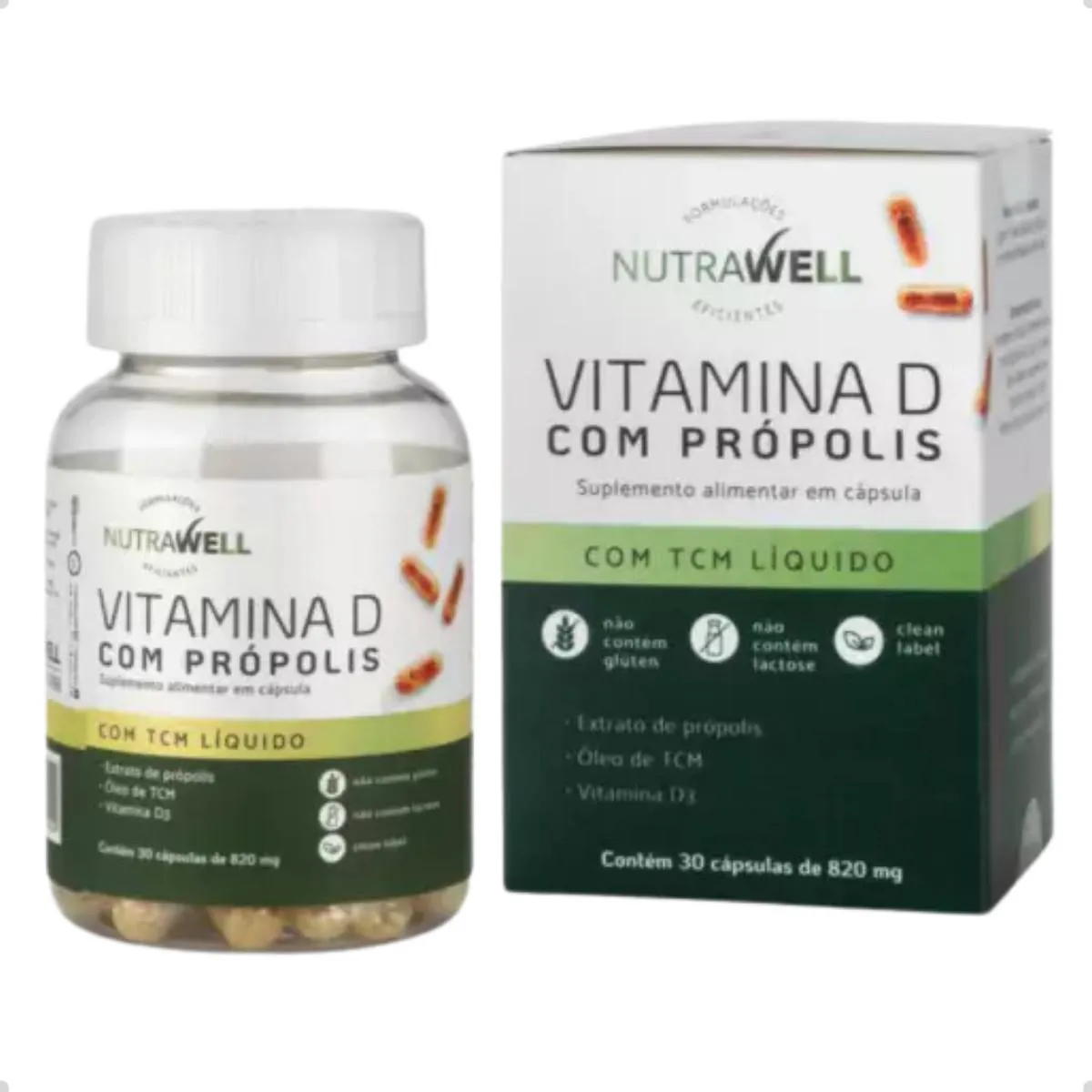 VITAMINA D COM PROPOLIS E TCM 820MG 30 CAPSULAS NUTRAWELL Natural