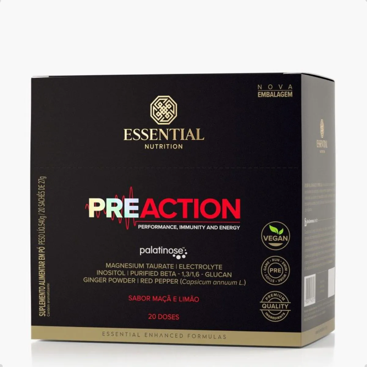 PRE-ACTION ENERGY DRINK 27G (540G) 20 UNIDADES ESSENTIAL Maçã
