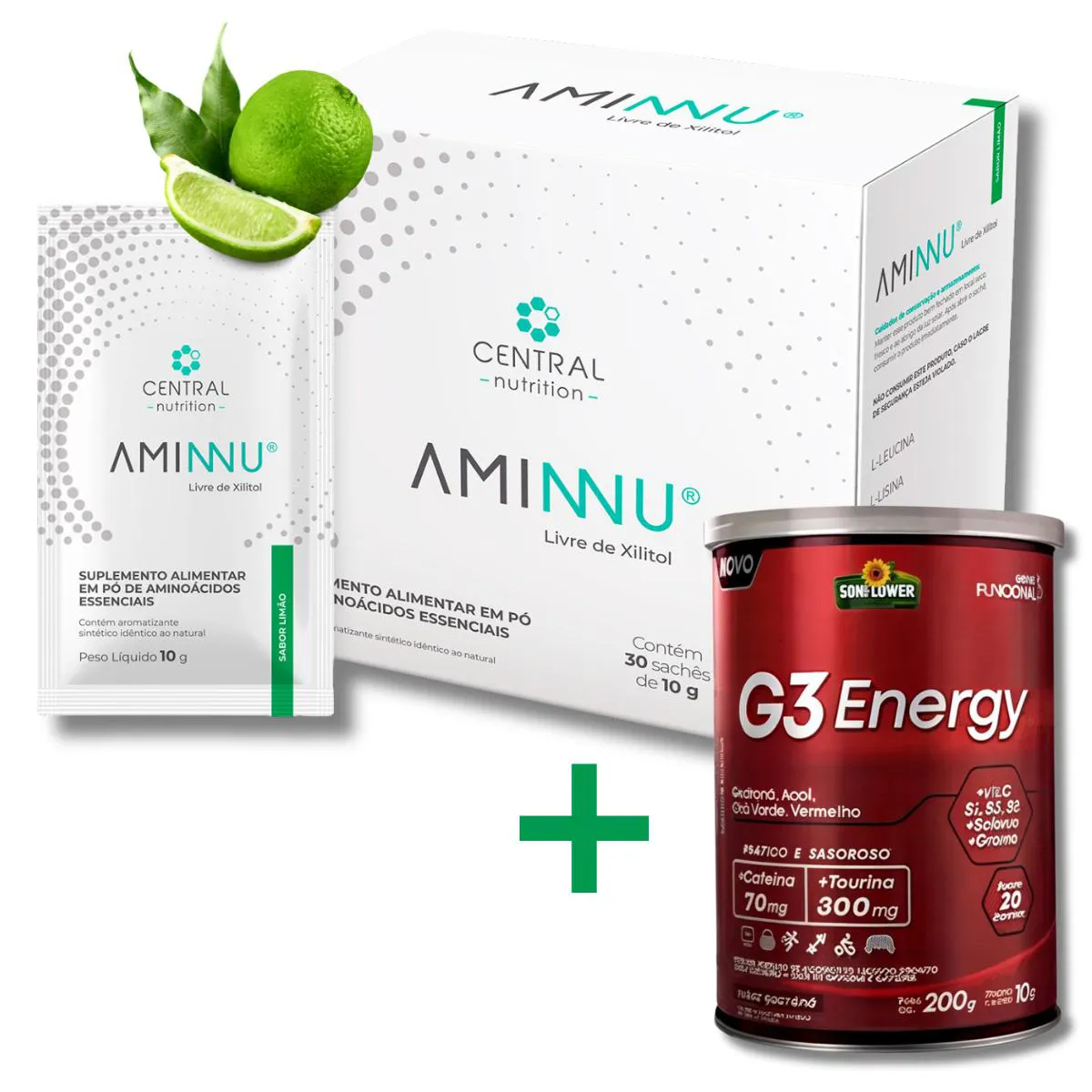 AMINNU® SEM XILITOL - 10G 30 SACHêS - CENTRAL NUTRITION - SABOR LIMãO + G3 ENERGY CAFEíNA TAURINA  PRé TREINO