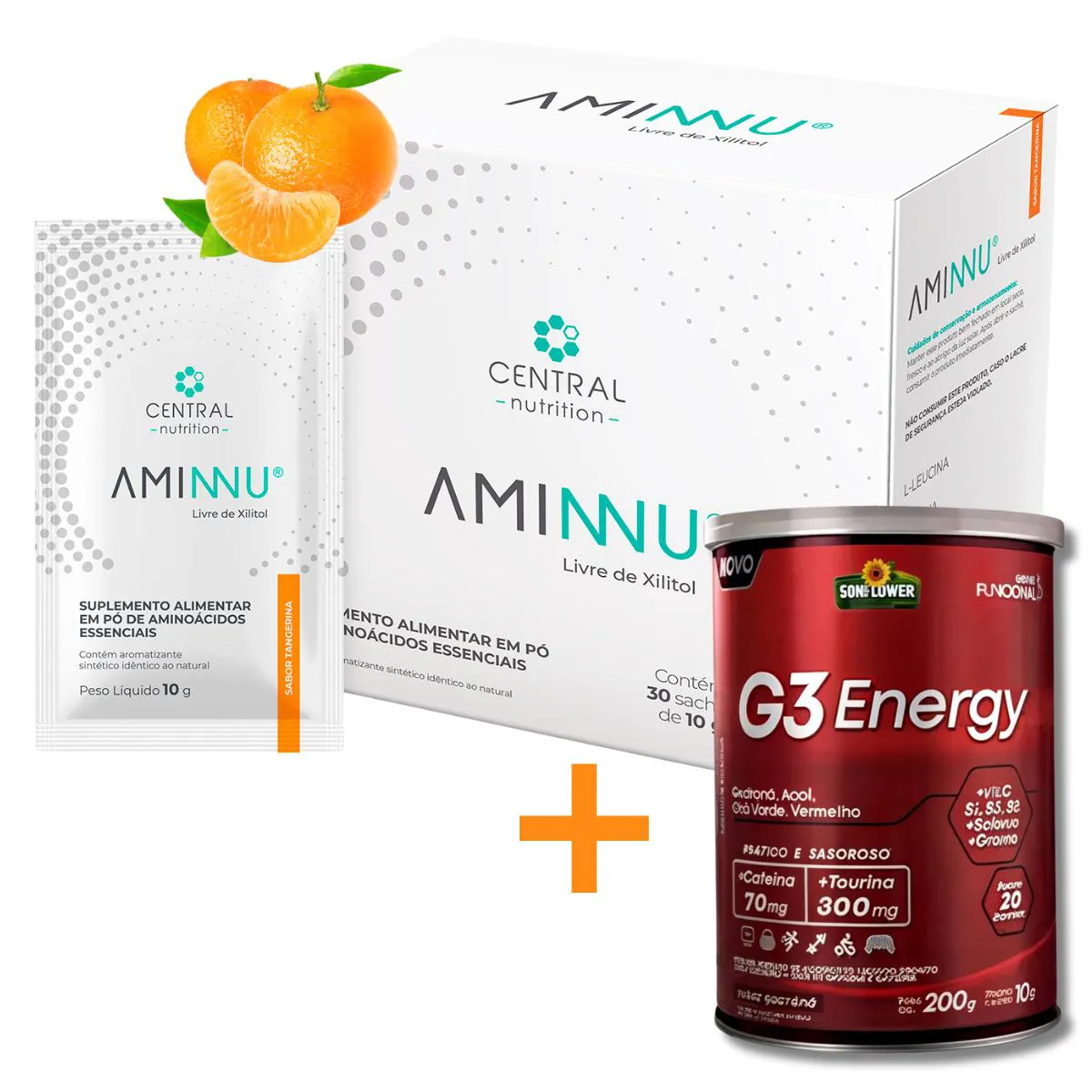 AMINNU® SEM XILITOL - 10G 30 SACHêS - CENTRAL NUTRITION - SABOR TANGERINA + G3 ENERGY CAFEíNA TAURINA  PRé TREINO