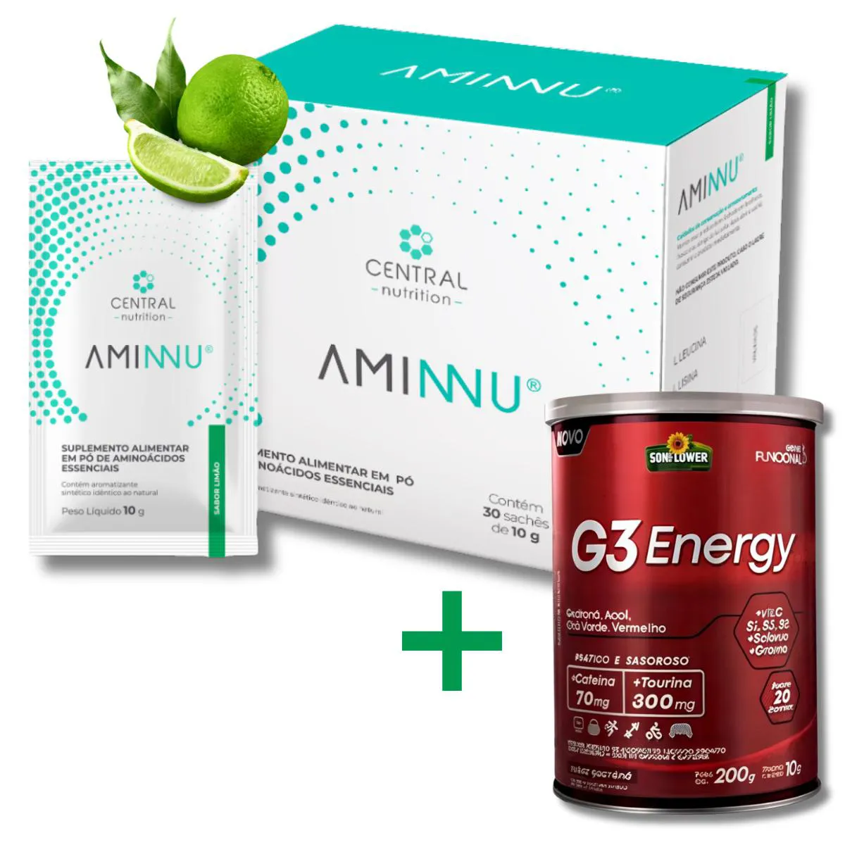 AMINNU® TRADICIONAL - 10G 30 SACHêS - CENTRAL NUTRITION - SABOR LIMãO + G3 ENERGY CAFEíNA TAURINA  PRé TREINO