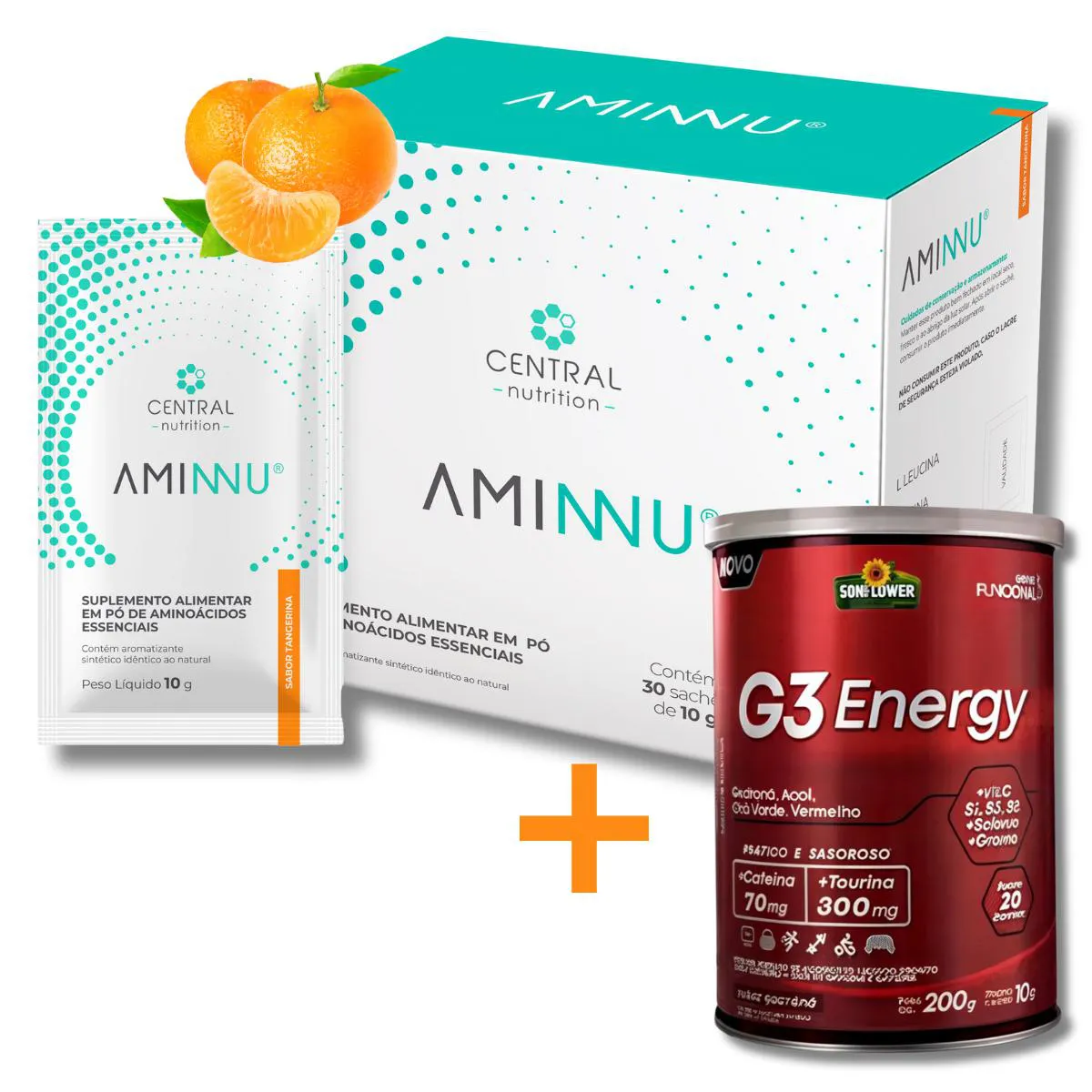 AMINNU® TRADICIONAL - 10G 30 SACHêS - CENTRAL NUTRITION - SABOR TANGERINA + G3 ENERGY CAFEíNA TAURINA  PRé TREINO