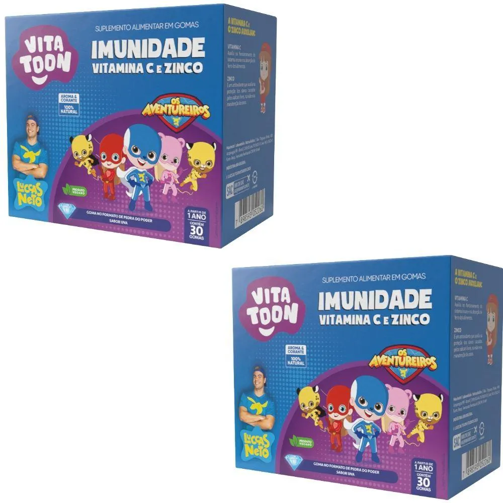 KIT 2X VITAMINA C + ZINCO KIDS IMUNIDADE VITATTON LUCCAS NETO 30 GOMAS - MAXINUTRI UVA
