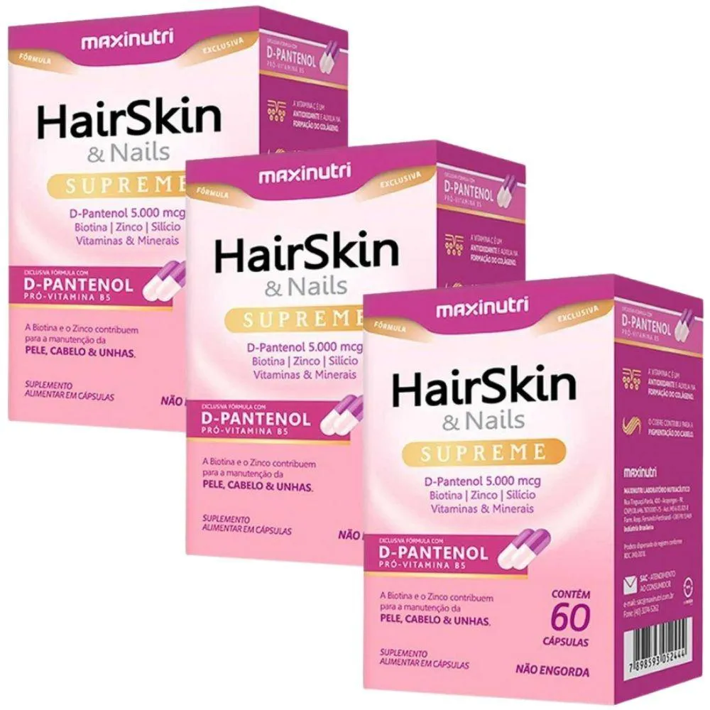 KIT 3X HAIRSKIN SUPREME COM D-PANTENOL 60 CáPSULAS - MAXINUTRI