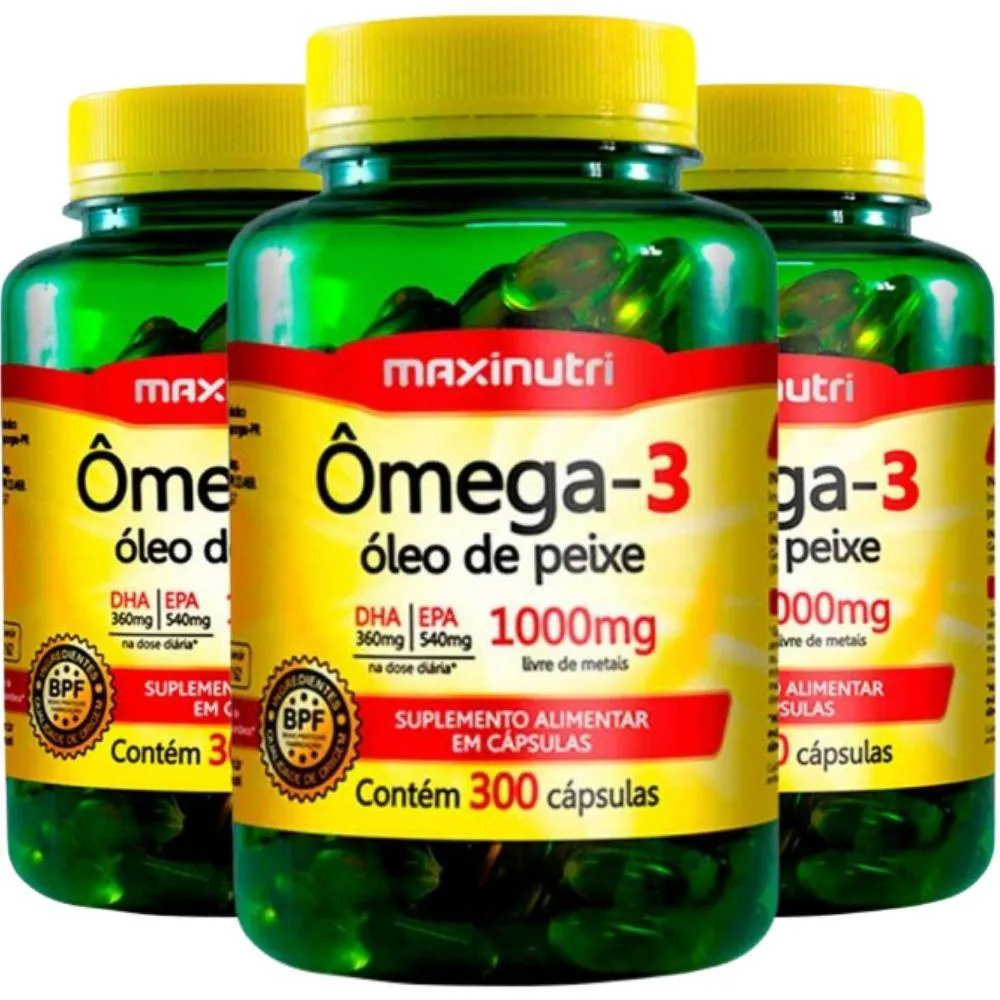 KIT 3X ÔMEGA 3 (ÓLEO DE PEIXE 1000MG) 300 CáPSULAS - MAXINUTRI