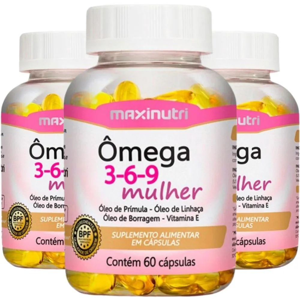 KIT 3X ôMEGA 3,6,9 MULHER (LINHAçA, PRíMULA E BORRAGEM) +  VITAMINA E 60 CáPSULAS MAXINUTRI
