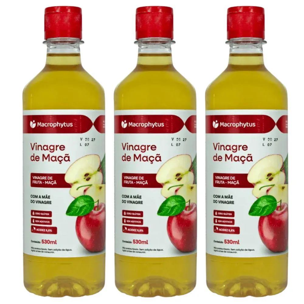 KIT 3X VINAGRE DE MAçA COM 5,5% DE ACIDEZ 530ML - MACROPHYTUS