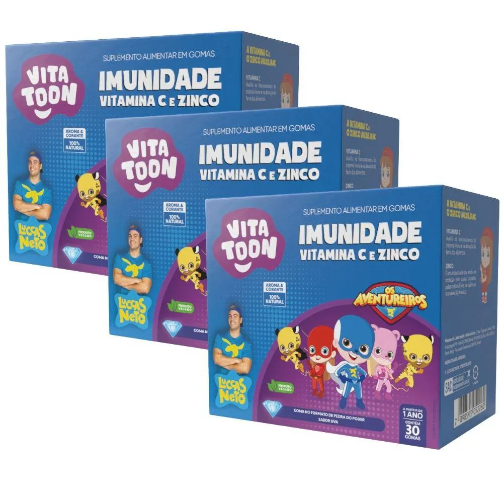 KIT 3X VITAMINA C + ZINCO KIDS IMUNIDADE VITATTON LUCCAS NETO 30 GOMAS - MAXINUTRI UVA