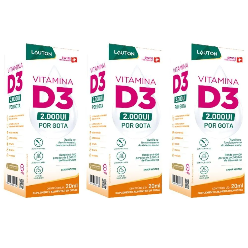 KIT 3X VITAMINA D3 PURA EM GOTAS 20ML - LAUTON