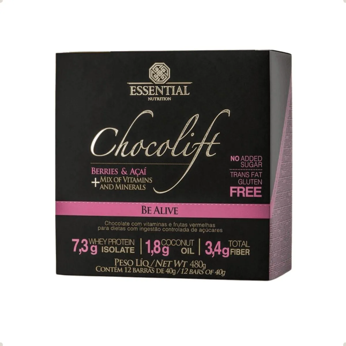BARRA CHOCOLIFT BE ALIVE 40G (480G) 12 UNIDADES ESSENTIAL Frutas Vermelhas
