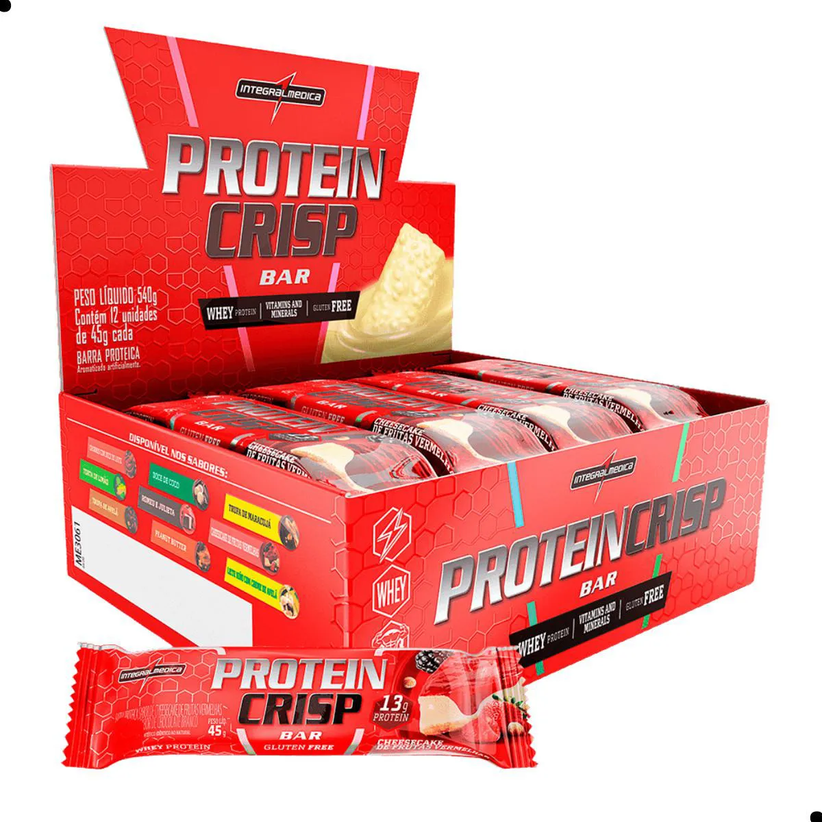 BARRA DE PROTEINA CRISP PROTEIN BAR 12UN 540G INTEGRALMEDICA Cheesecake DE Frutas Vermelhas
