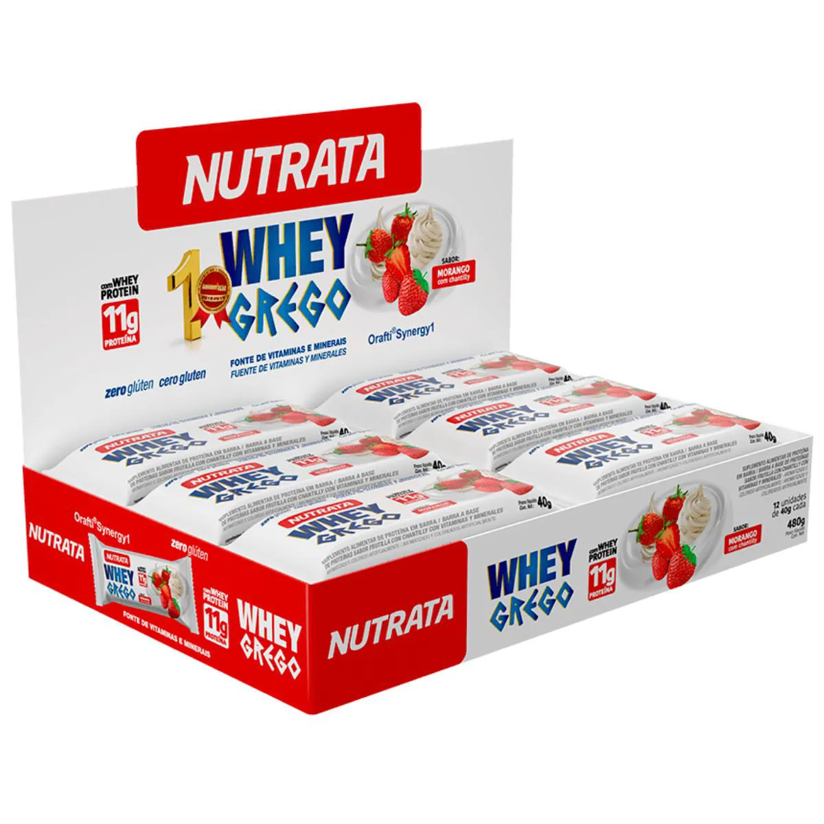 BARRA DE PROTEíNA WHEY GREGO 40G 12 UNIDADES NUTRATA Morango