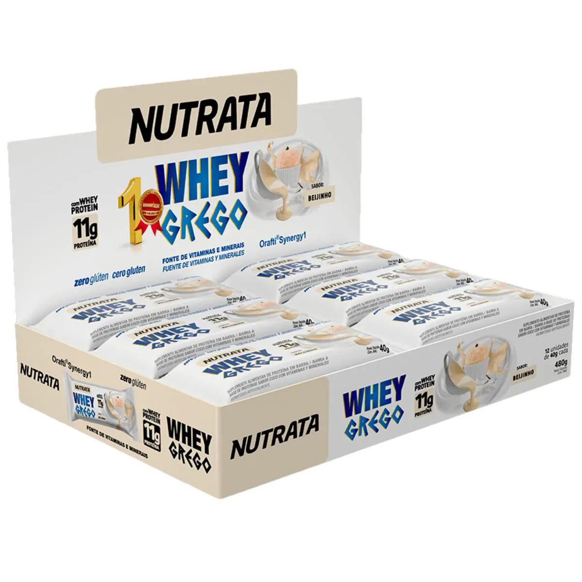BARRA DE PROTEíNA WHEY GREGO 40G 12 UNIDADES NUTRATA Beijinho