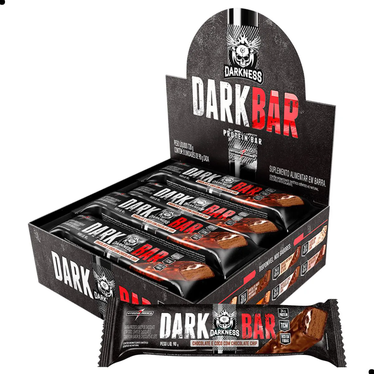 BARRA DE PROTEINA DARK BAR PROTEIN 8UN 720G DARKNESS Chocolate AO Leite Choco Chip