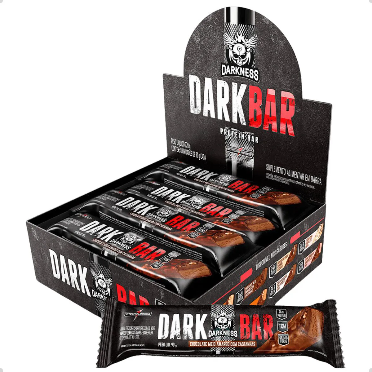 BARRA DE PROTEINA DARK BAR PROTEIN 8UN 720G DARKNESS Chocolate Amargo E Castanhas