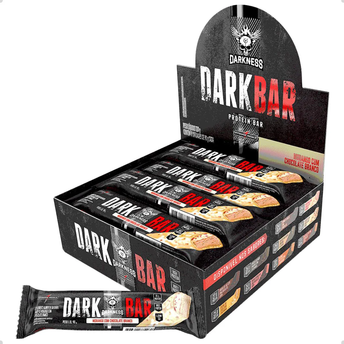 BARRA DE PROTEINA DARK BAR PROTEIN 8UN 720G DARKNESS Morango E Chocolate Branco