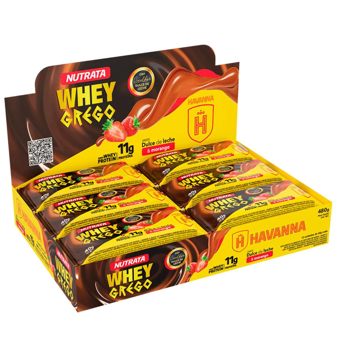 BARRA DE PROTEíNA WHEY GREGO HAVANNA 40G 12 UNIDADES NUTRATA Doce DE Leite E Morango