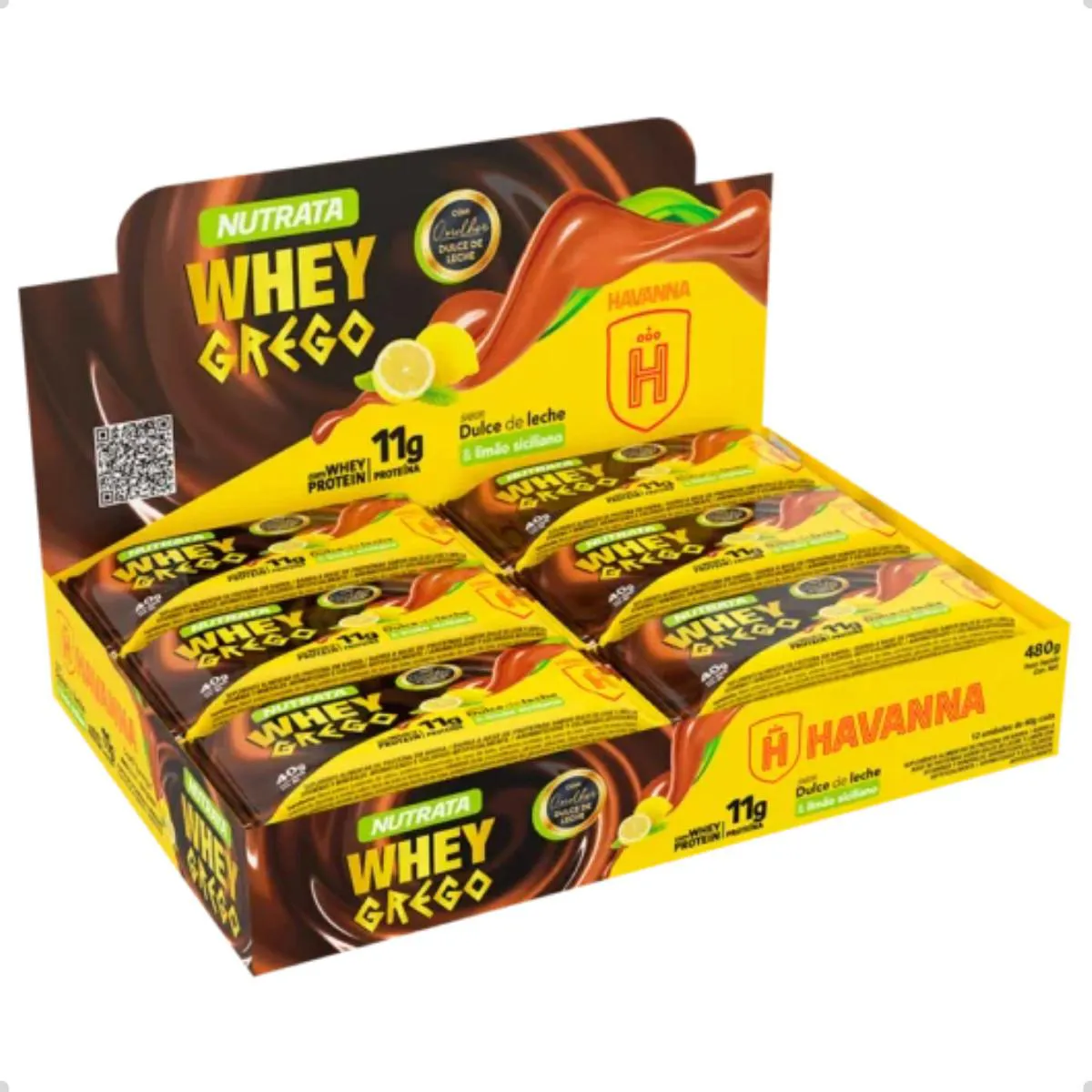 BARRA DE PROTEíNA WHEY GREGO HAVANNA 40G 12 UNIDADES NUTRATA Doce DE Leite E Limão