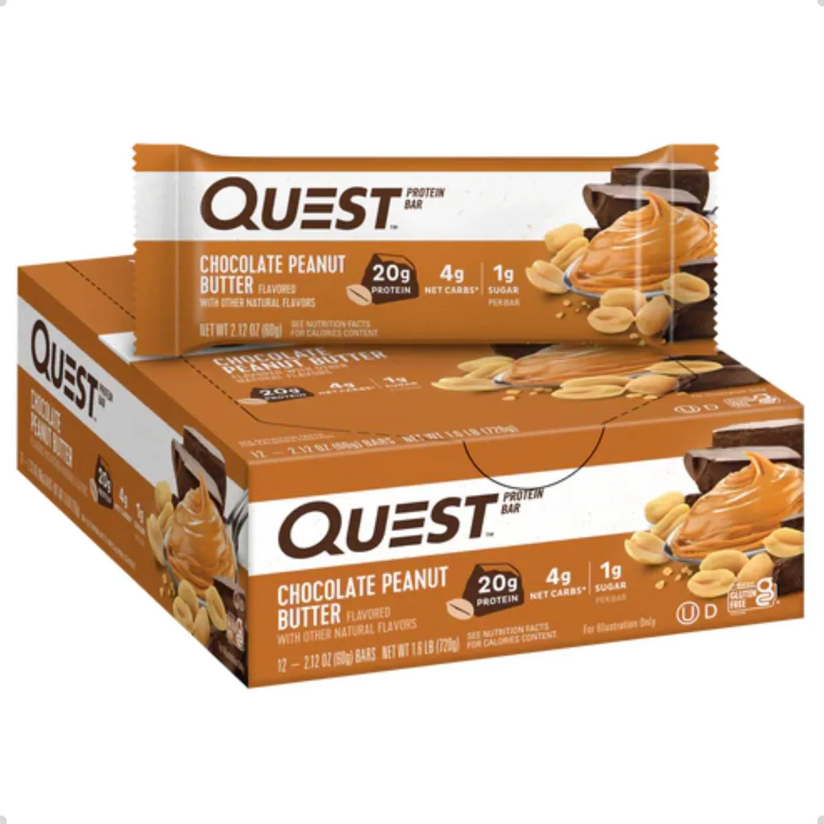 BARRA PROTEIN BAR 20G PROTEINA 12 UNIDADES 720G QUEST Chocolate COM Amendoim