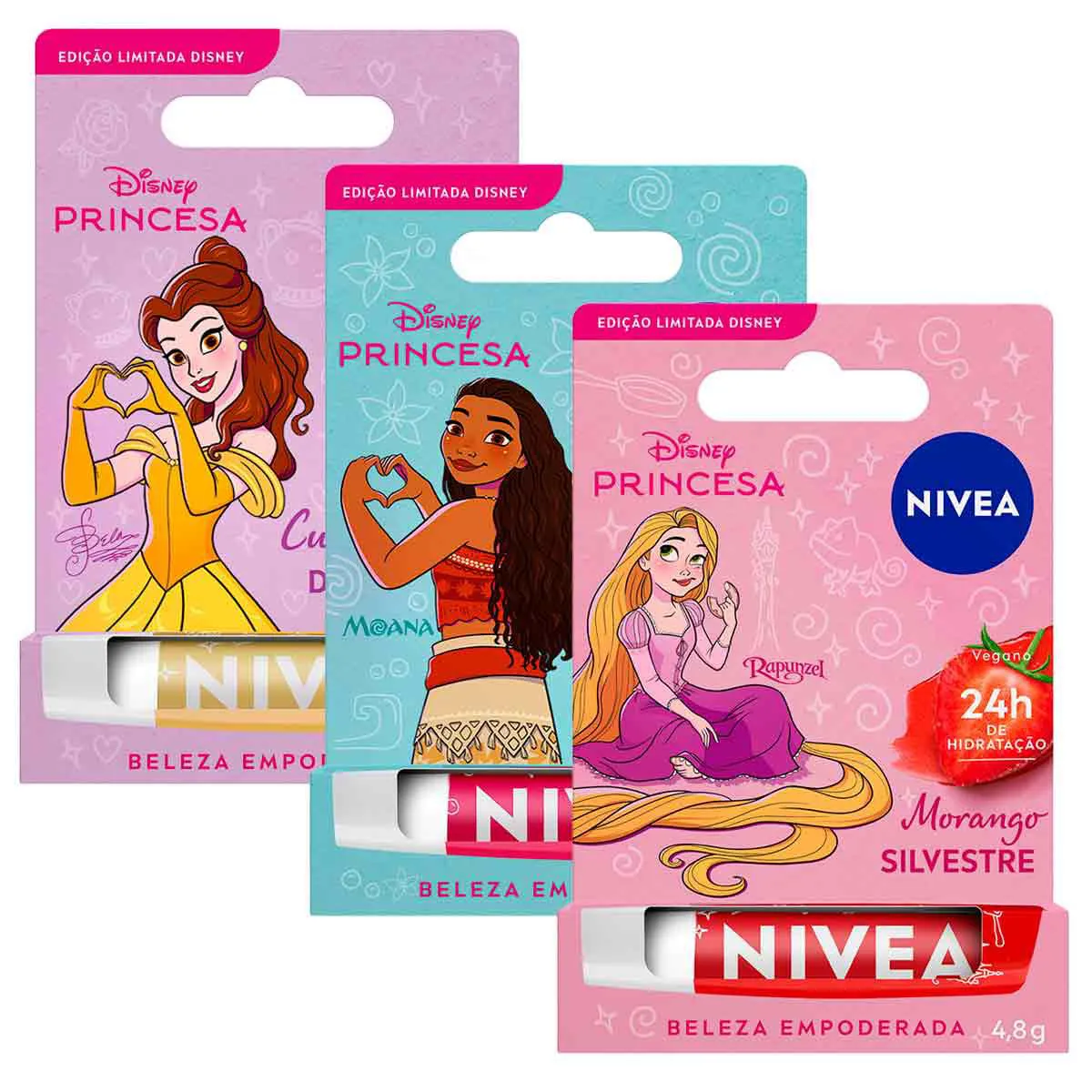 Kit Hidratante Labial Nivea Disney Princesa Rapunzel Morango Silvestre + Moana Sorbet de Melancia + Bela Cupcake de Baunilha